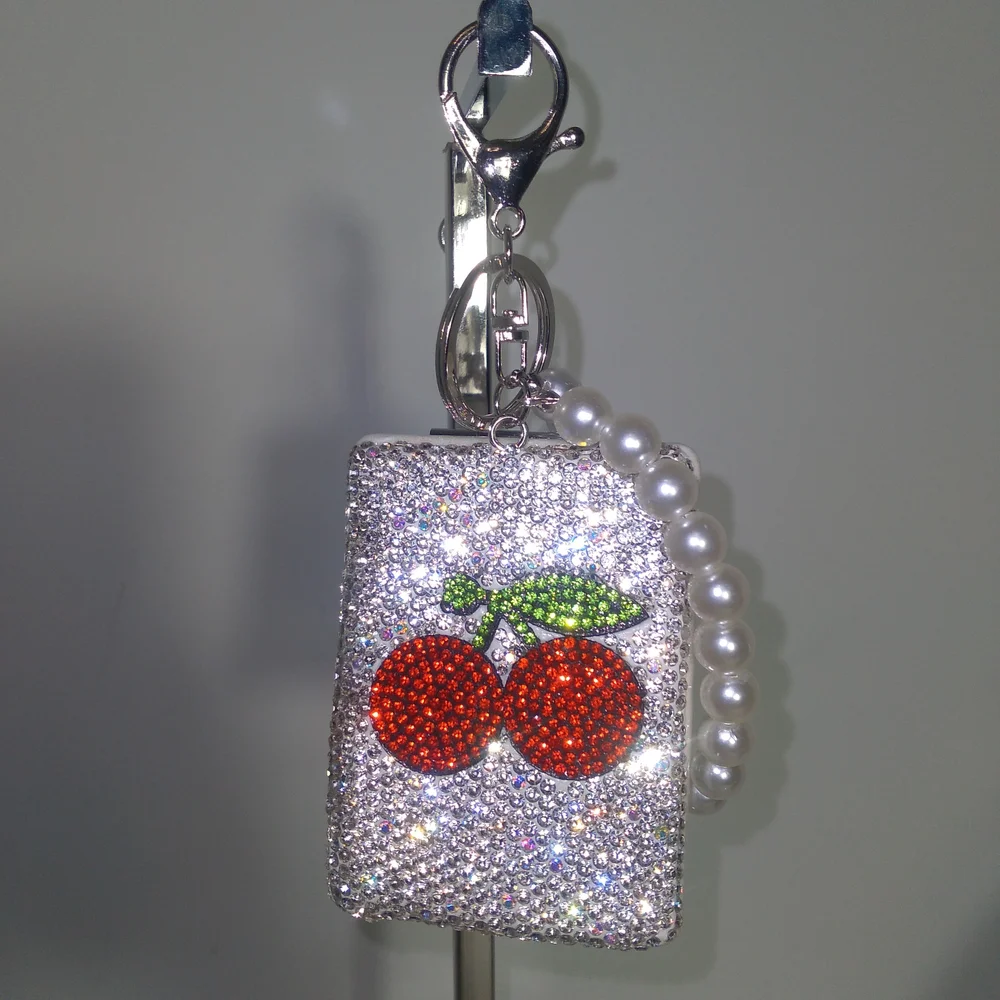 Sparkling Silver Cherry Keychain Mirror with Pearl Handle